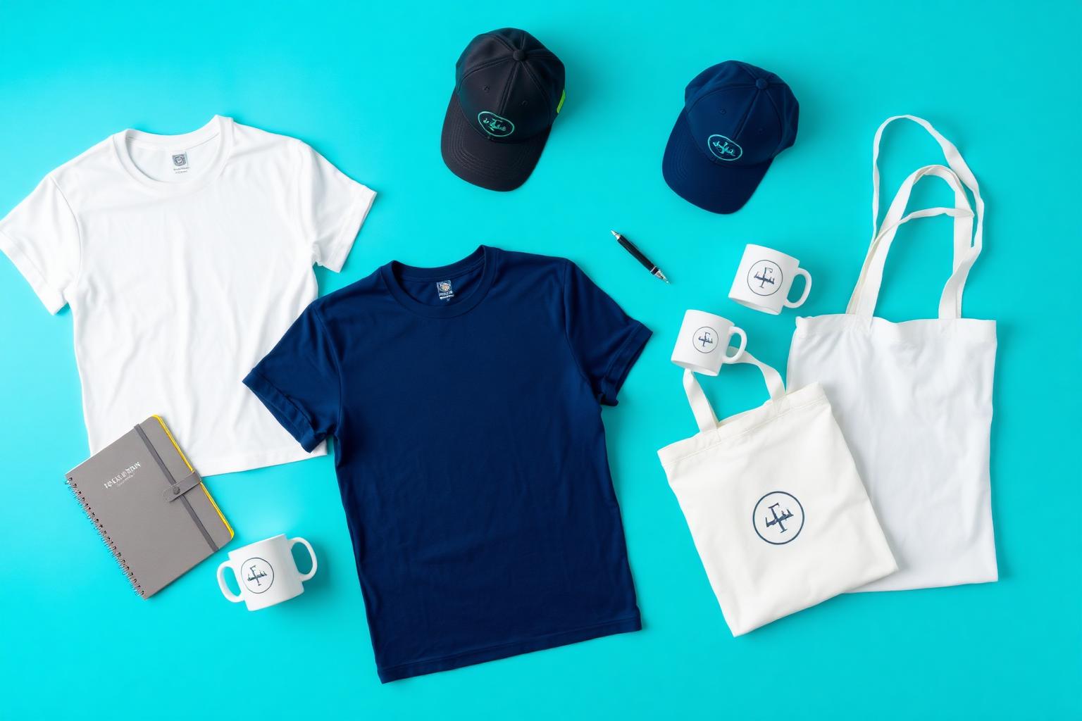 Custom branded merchandise — t-shirts, caps, mugs and tote bags
